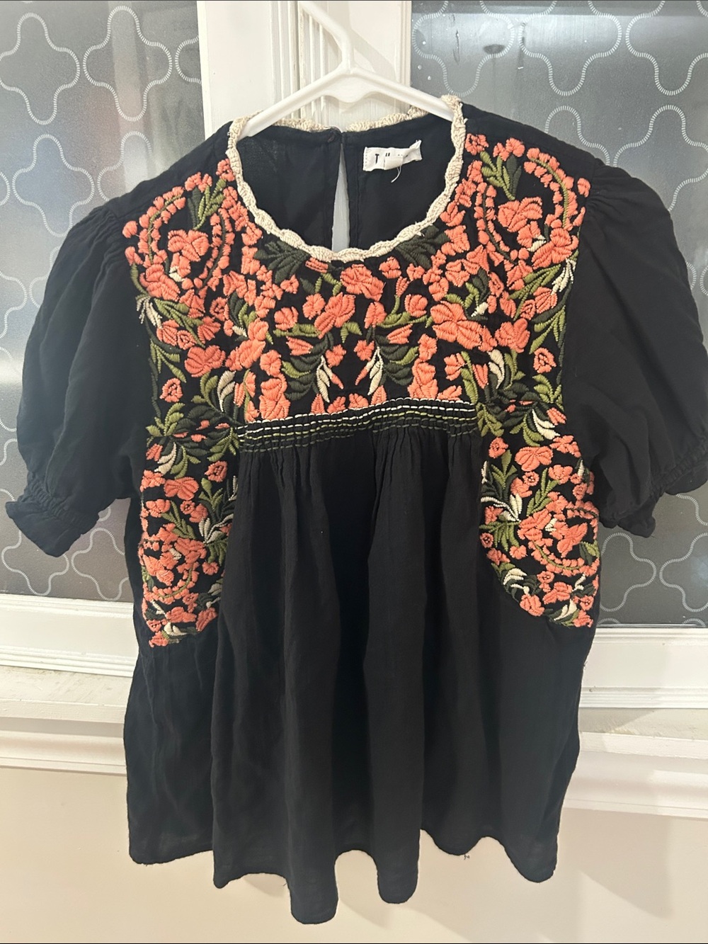 THML Embroidered Floral Peasant Top - Black with Coral Accents